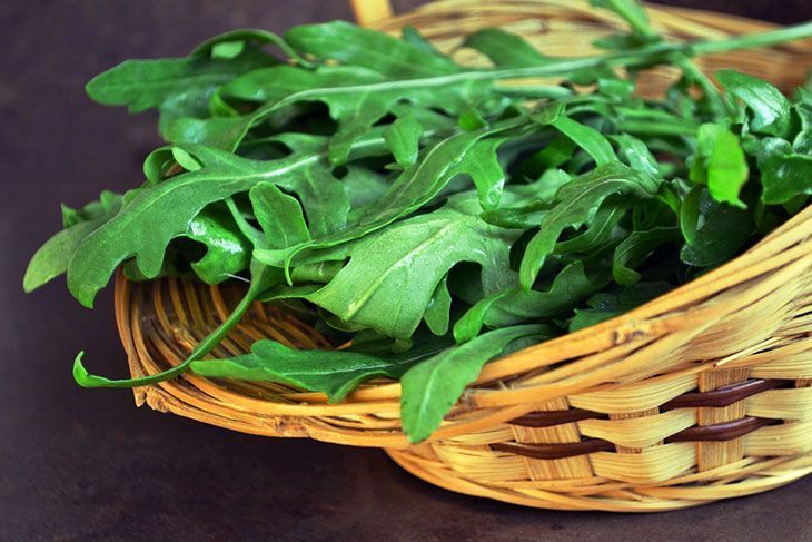 A-wicker-basket-with-freshly-harvested-Arugula-leaves-how-to-harvest-Arugula-
