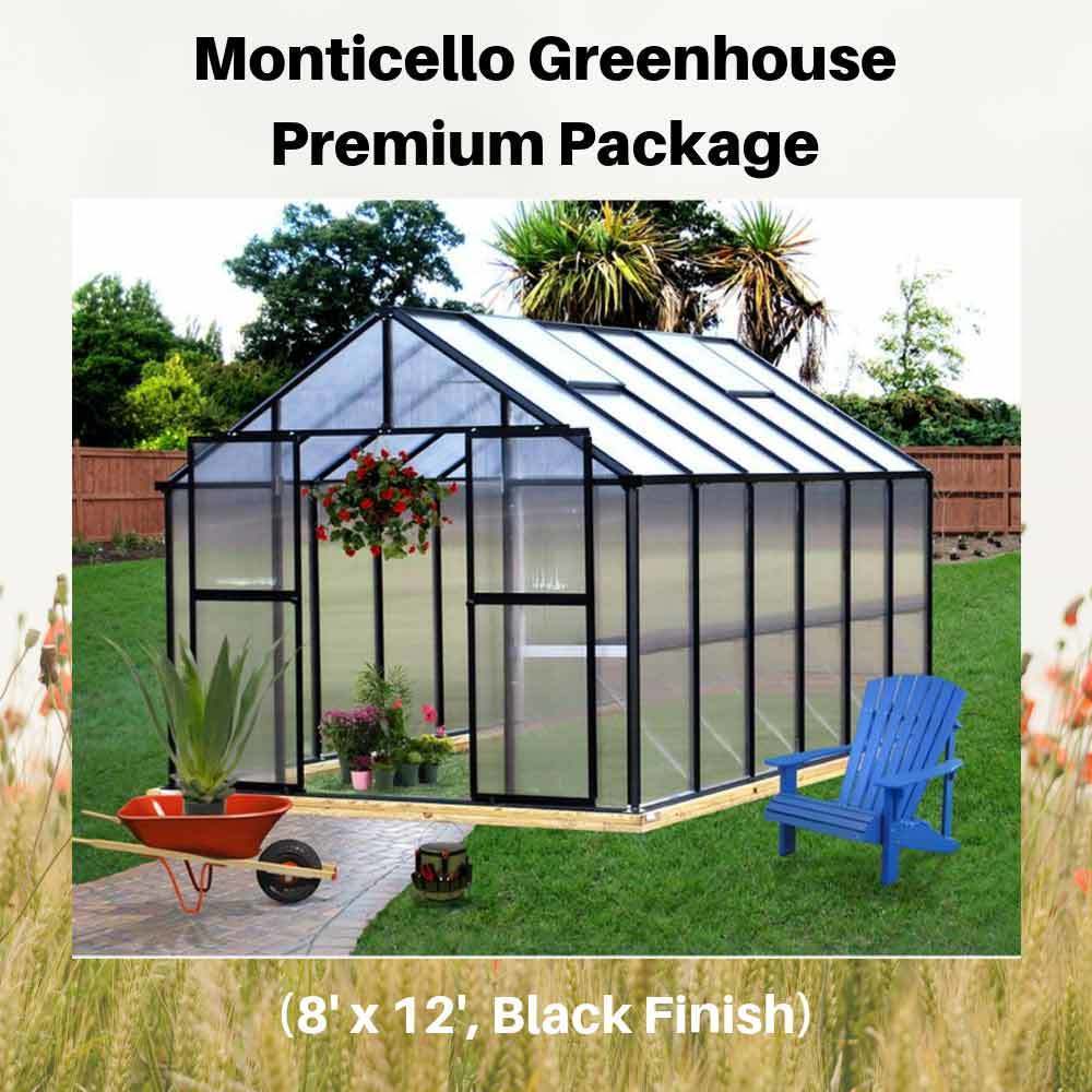 Monticello-Greenhouse-Premium-Package,-8'-x-12',-Black-Finish