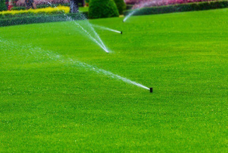  Lawn sprinkler spaying water over green grass. Irrigation system - Install an Irrigation System 