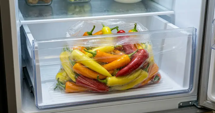 Fresh banana peppers of different colors being stored in a plastic bag inside a refrigerator's crisper drawer.