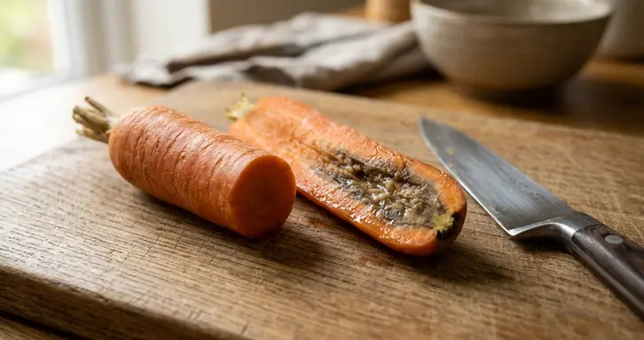 A carrot cut open to show a discolored core, a sign of internal rot.
