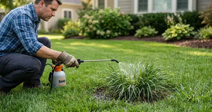 A person spot-treating a dallisgrass weed in their lawn, demonstrating a targeted removal strategy.