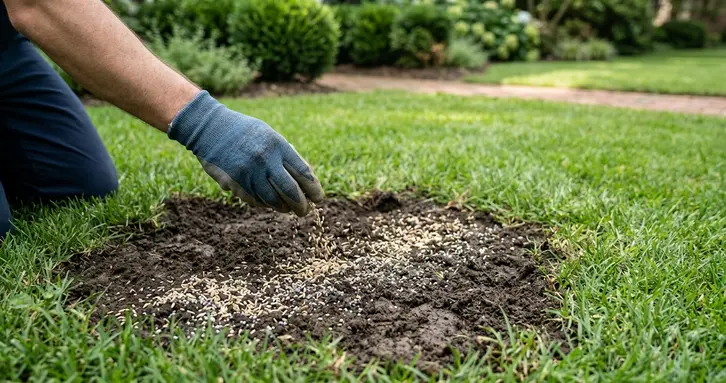 Reseeding a bare patch of soil in a lawn to promote recovery after dallisgrass removal.