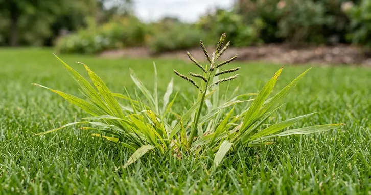 Detailed view of a dallisgrass clump in a lawn, highlighting the wide leaves and seed head for identification purposes.