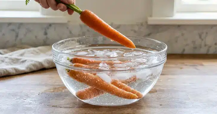 Limp carrots soaking in a bowl of ice water to revive them.