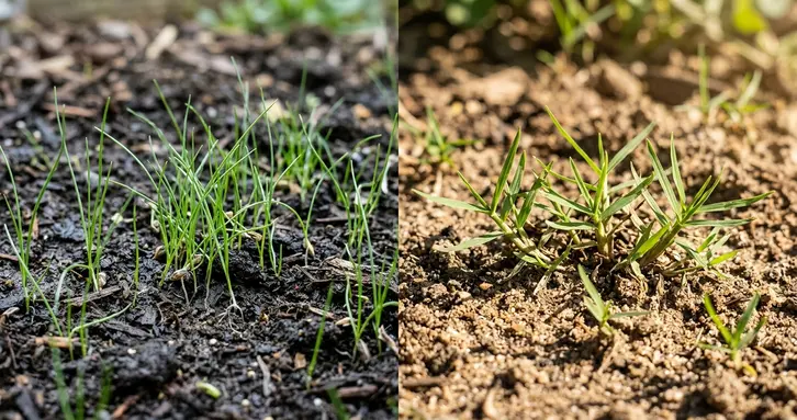 A visual comparison of cool-season and warm-season grass seedlings sprouting in soil.