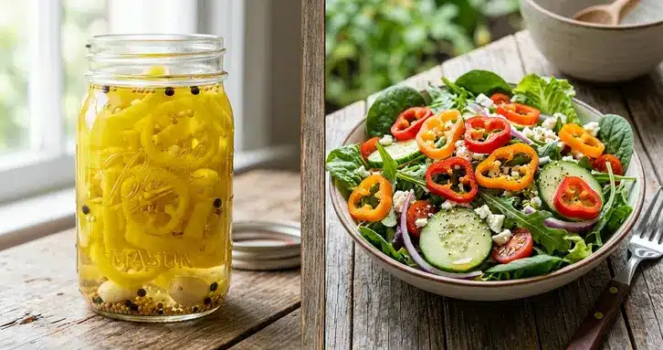 A comparison showing pickled yellow banana peppers on one side and fresh red banana peppers in a salad on the other.