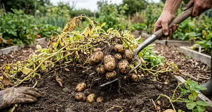A garden fork lifting a clump of freshly harvested potatoes from the soil.
