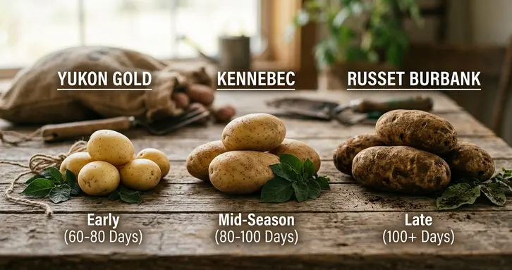 Three piles of harvested potatoes showing the difference between early, mid, and late-season varieties.