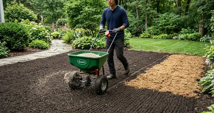 A broadcast spreader applying grass seed to a prepared soil bed for a new lawn.
