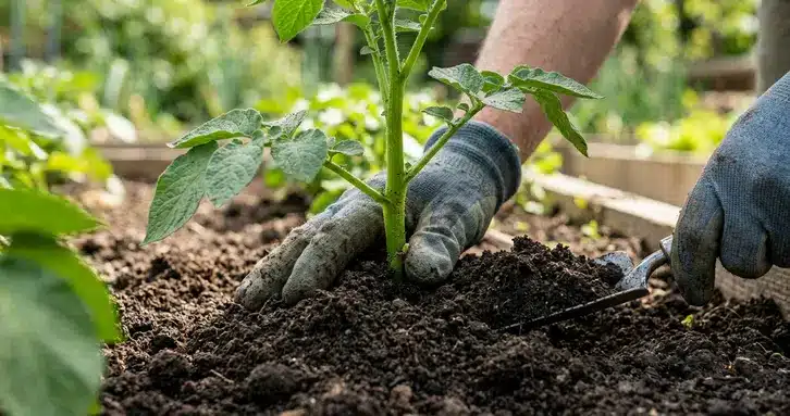 A gardener hilling soil around a potato plant to manage its growth stages and protect tubers.