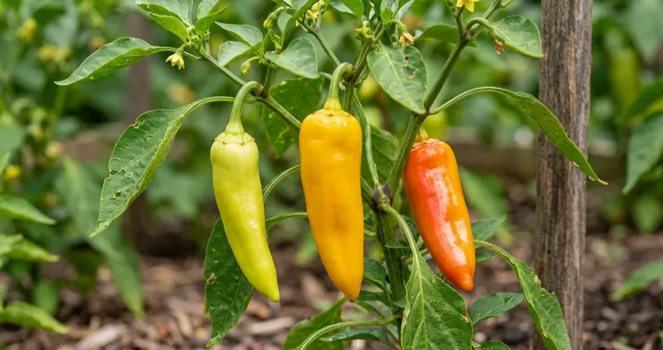 A close-up of banana peppers on a vine, showing the color progression from pale green to golden yellow.