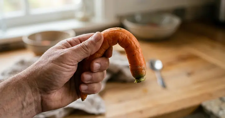 A hand holding a flexible, limp carrot to demonstrate signs of dehydration.