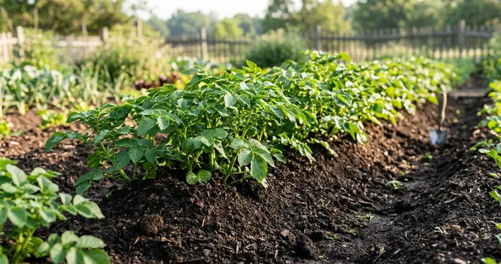 A row of healthy potato plants growing in a home garden, illustrating the potato growing timeline.