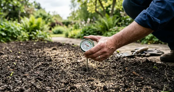 A hand holding a soil thermometer in a prepared lawn seedbed to measure temperature before planting.