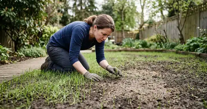 A person examining a lawn with patchy grass growth, troubleshooting poor germination.