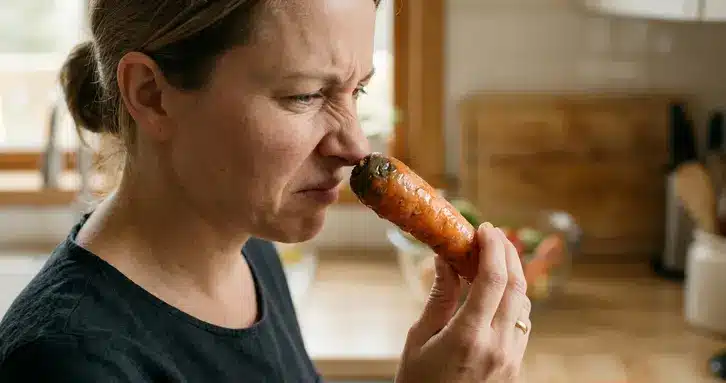A person smelling a carrot to check for off-odors that signal spoilage.